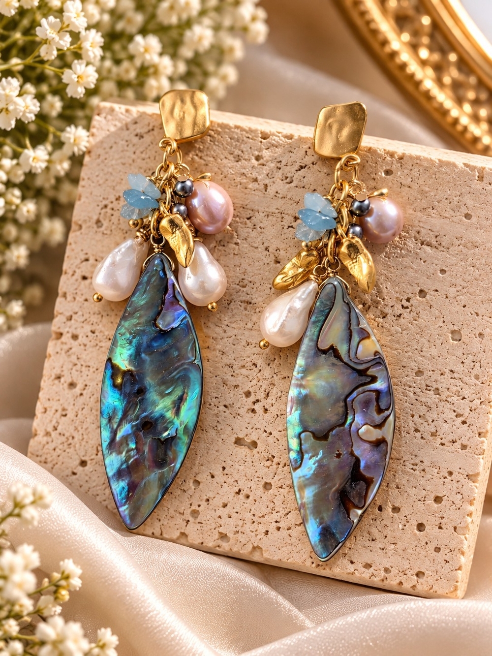 Gold Plated Abalone Drop Earrings with Blue-Green Shell and Pearls